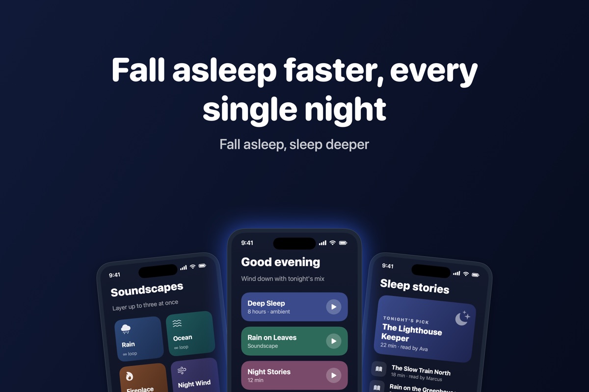 Example 3:2 search results image: a headline above three iPhone screens of a sleep app
