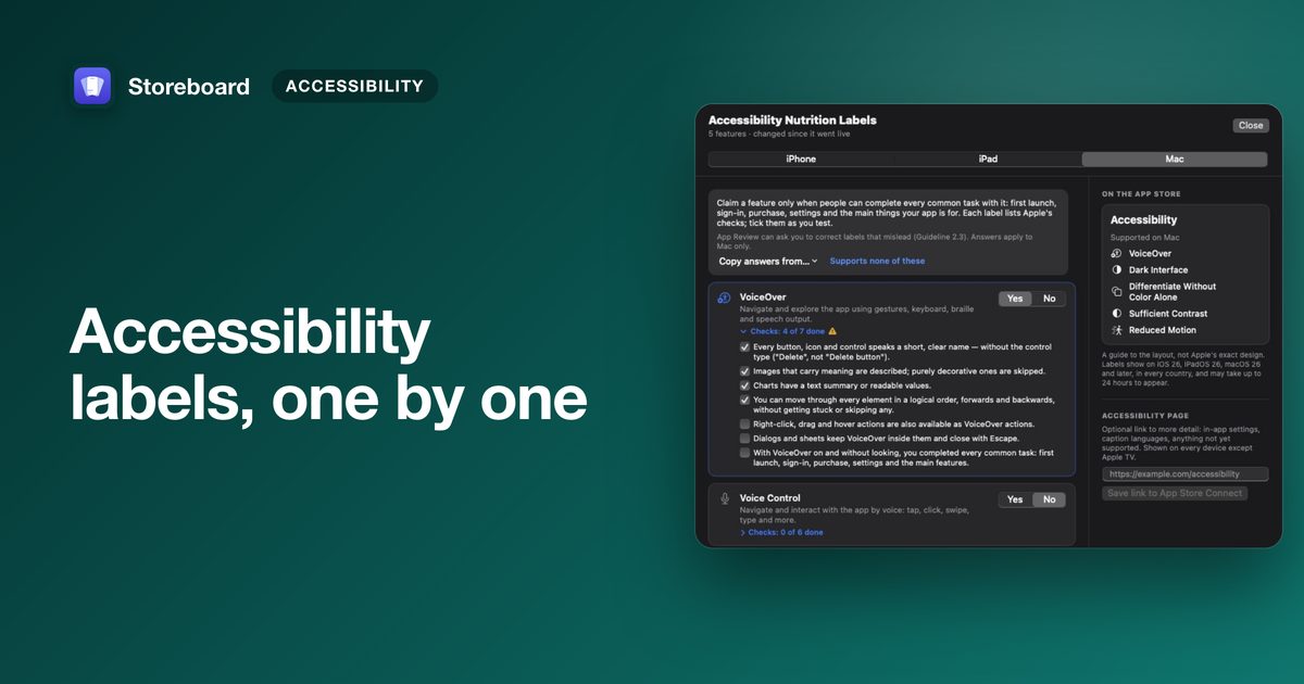Storeboard's Accessibility Nutrition Labels editor with VoiceOver's checks open