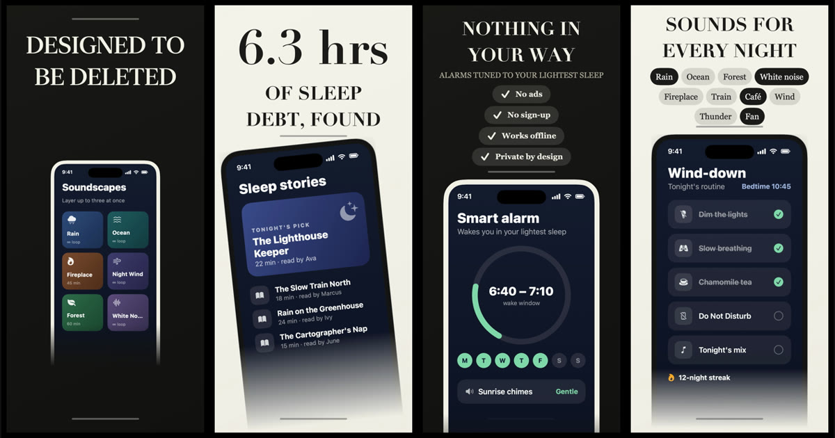 Four of the nine screen types side by side: Big sentence, Big number, Tick list and Tags on a sample sleep app
