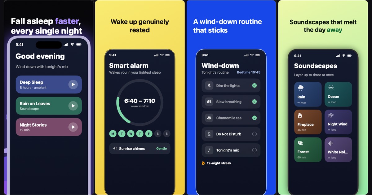 Four App Store screenshot templates from Storeboard side by side: Onyx (dark with violet caption), Sorbet (yellow), Cobalt (electric blue) and Sprout (lime green), each framing an iPhone screen with a styled caption