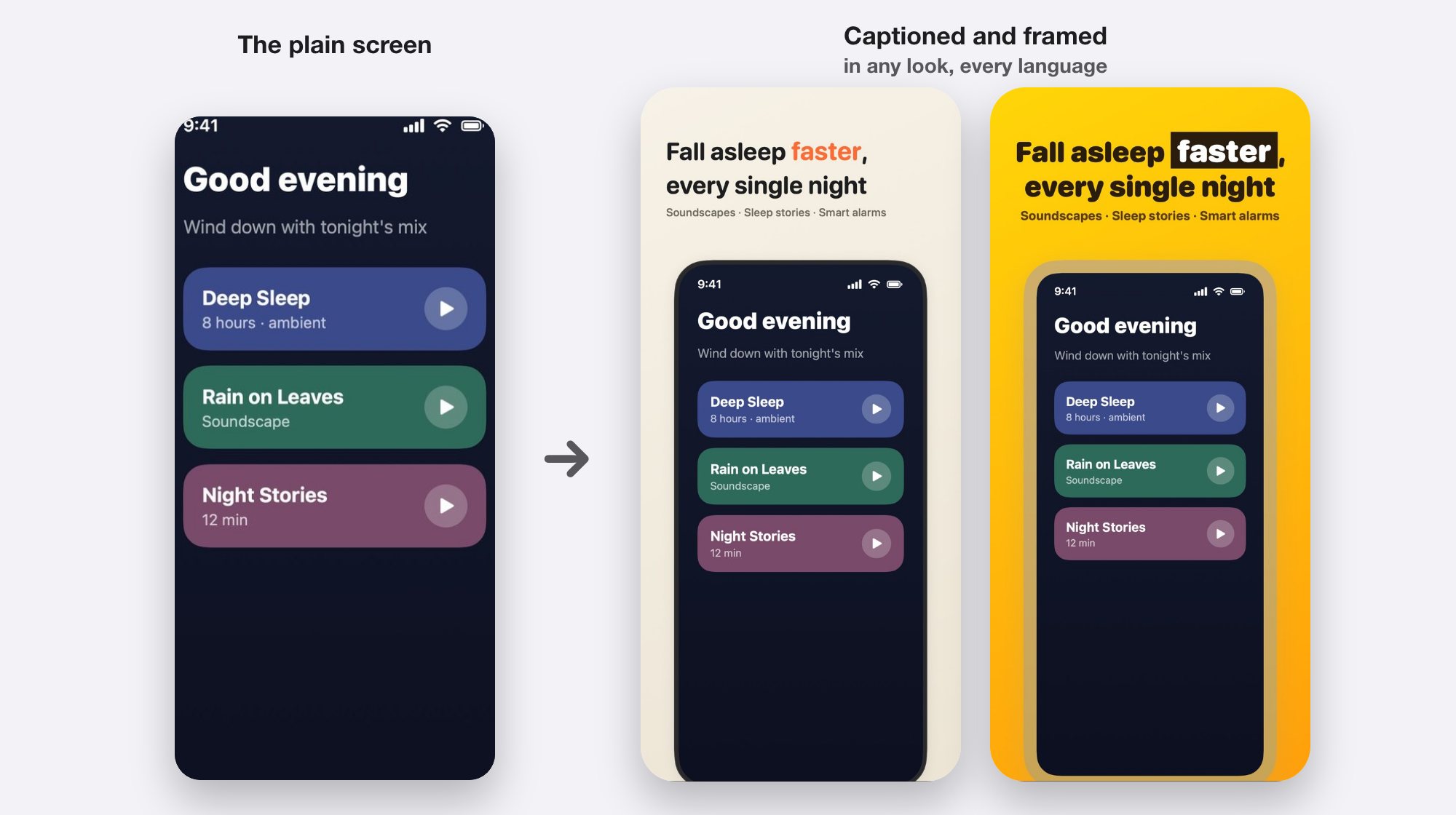 A plain app screen with no caption or frame, an arrow, then the same screen as two finished App Store screenshots with a caption, device frame and background, one cream and one yellow