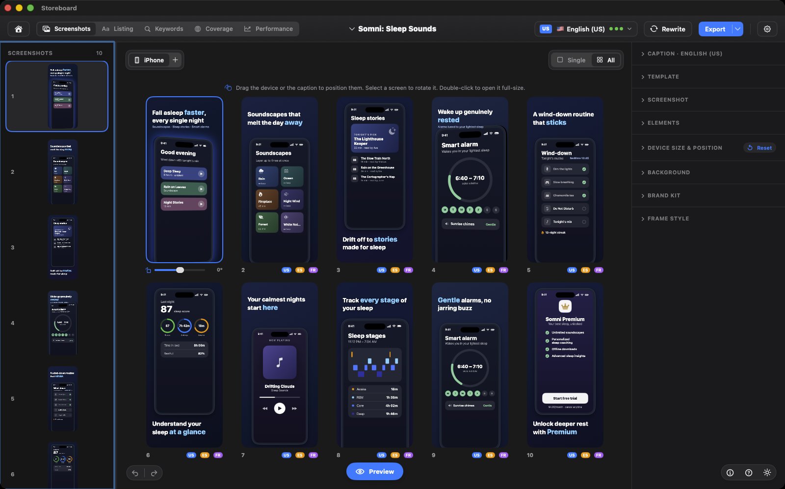 The Storeboard canvas showing all ten App Store screenshots for a sleep app at once, each tagged with US, ES and FR locale badges
