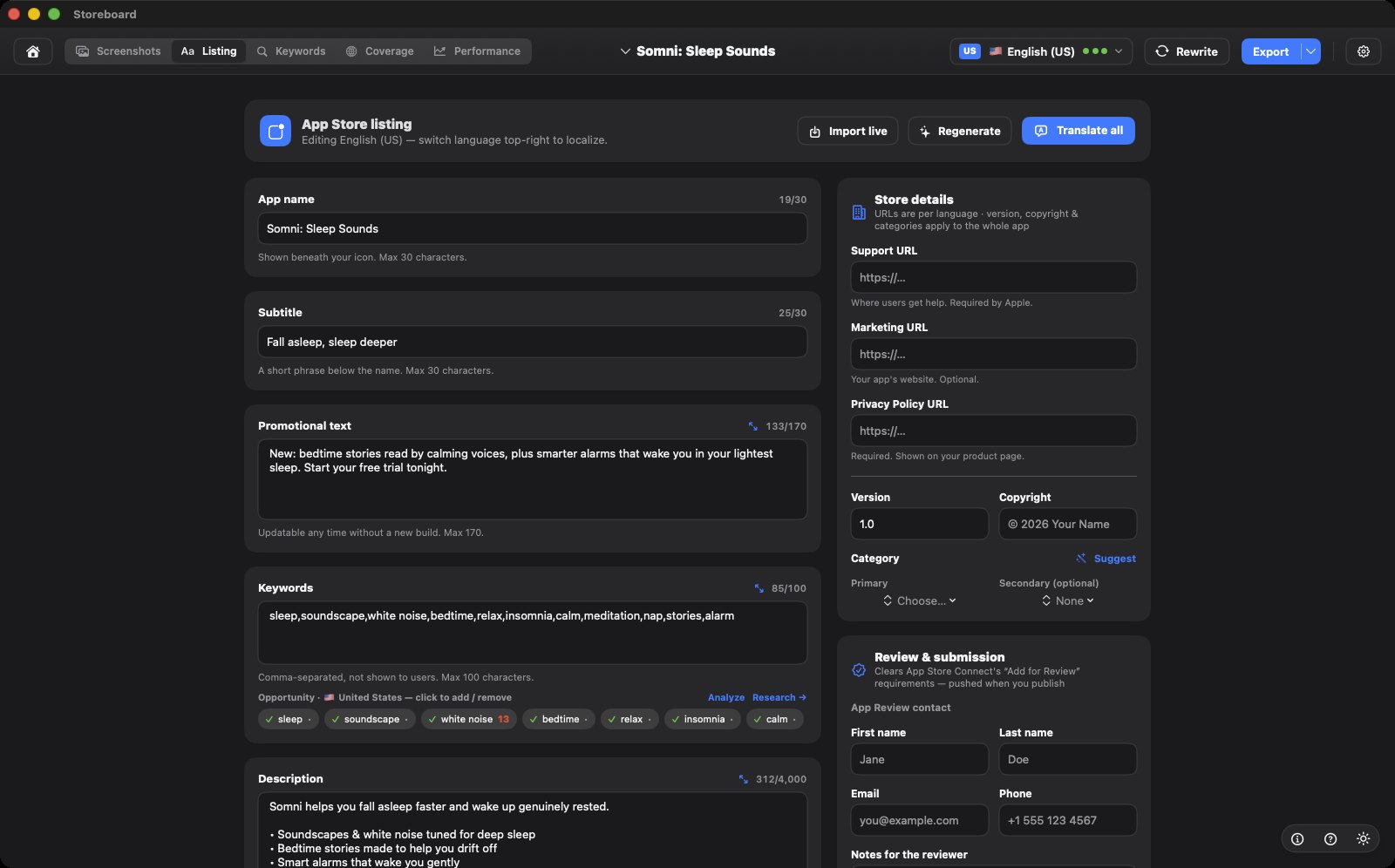 Storeboard's Listing tab with app name, subtitle, promotional text, keywords and description alongside store details and App Review submission fields