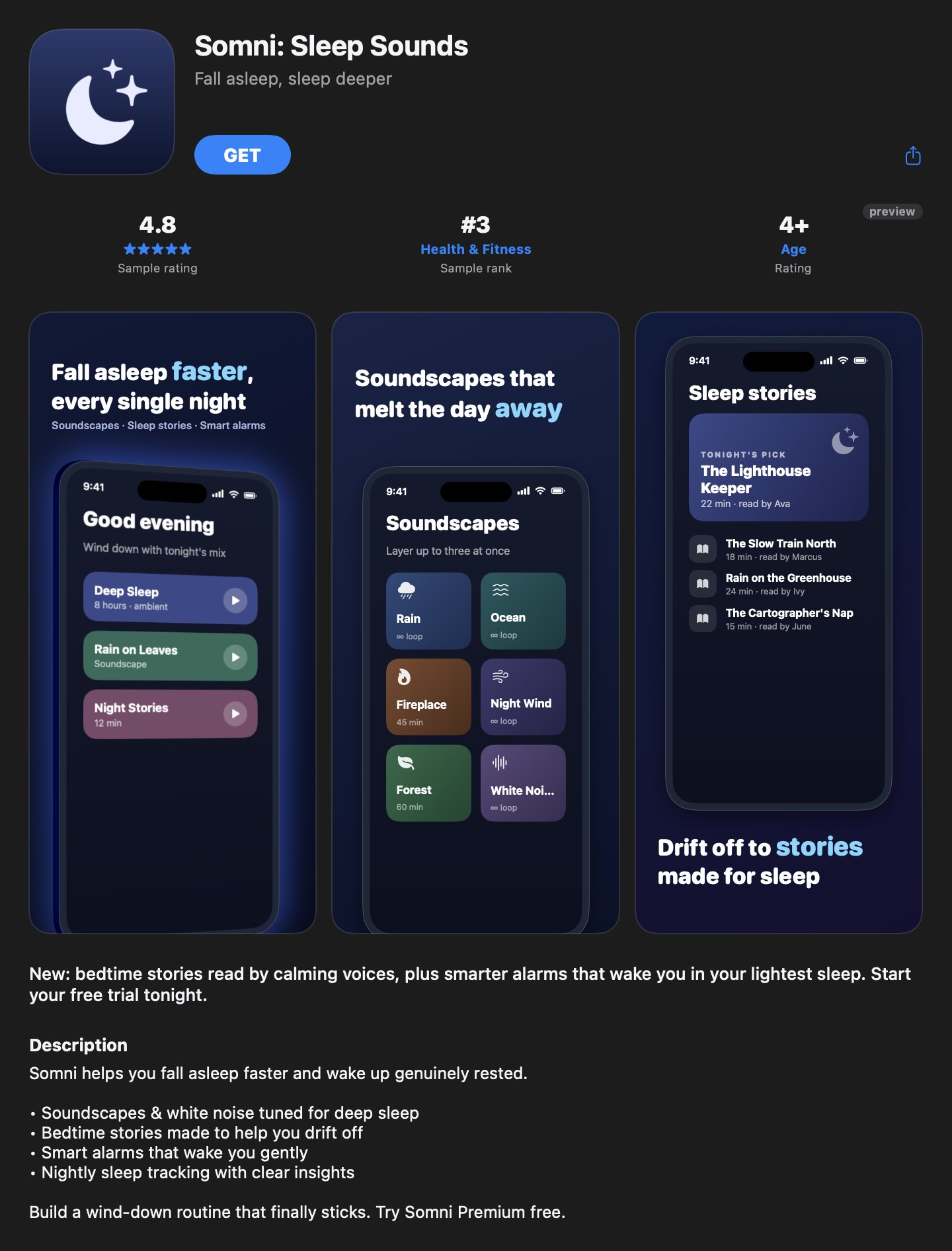 Storeboard's built-in App Store preview showing a complete product page for the Somni sample app — icon, name, ratings, three screenshots with highlighted caption words and a 3D-tilted device, promotional text and description